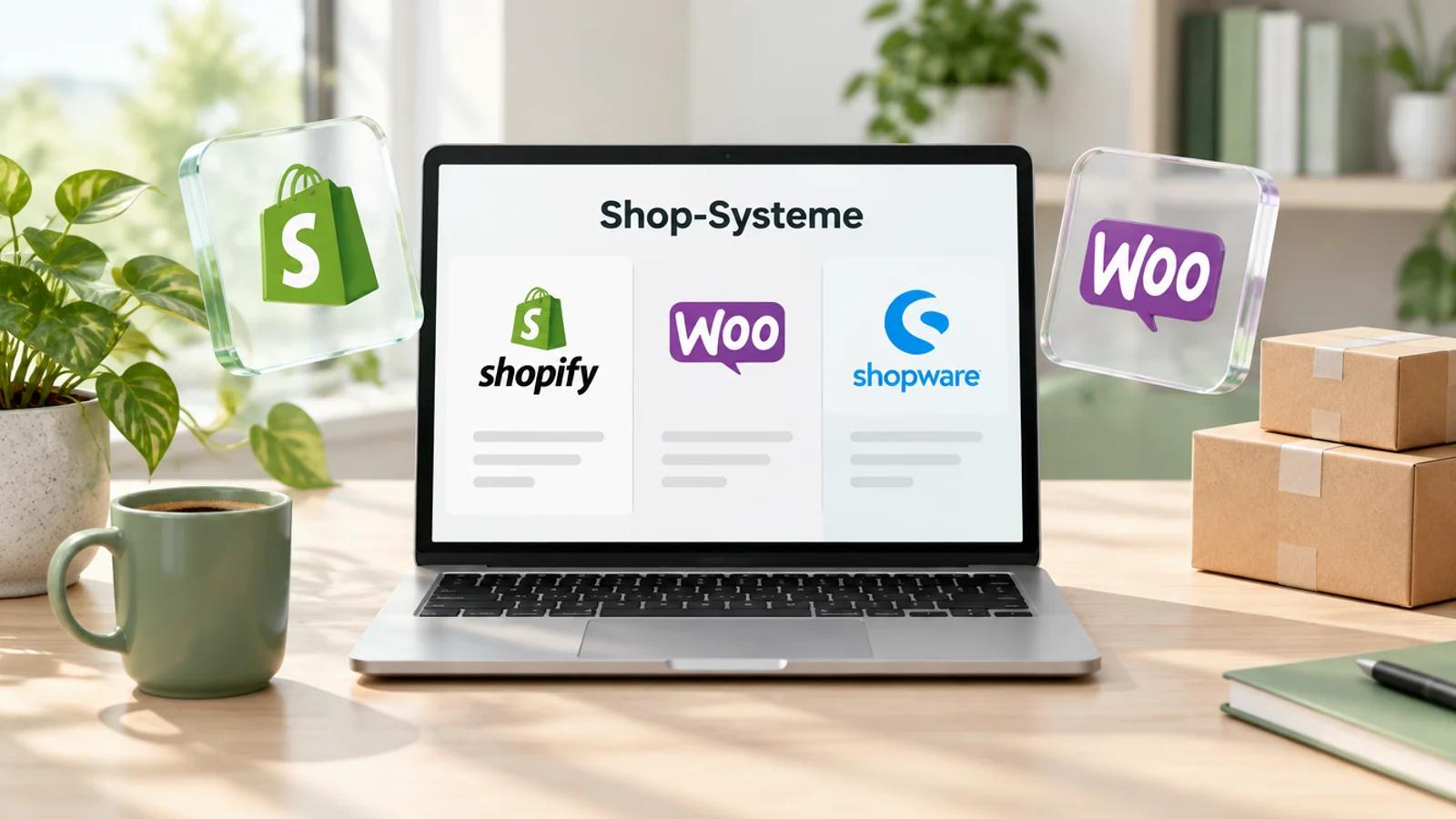 Laptop mit den Logos von Shopify, WooCommerce und Shopware, daneben Pakete