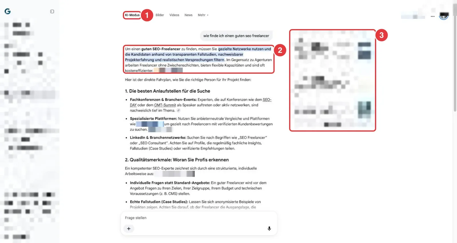 Google KI-Modus mit ausführlicher Antwort und Quellenliste, Verlauf und fremde Namen verpixelt