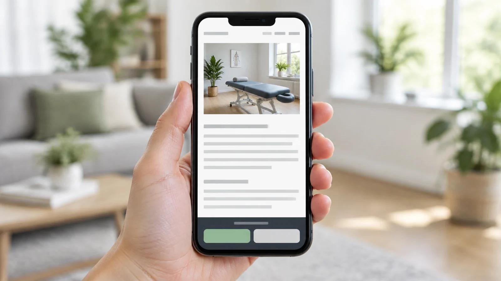Hand hält ein Smartphone mit der Website einer Physiotherapie-Praxis, unten eine schmale dunkle Einwilligungsleiste mit zwei gleich großen Knöpfen, der Inhalt darüber bleibt sichtbar