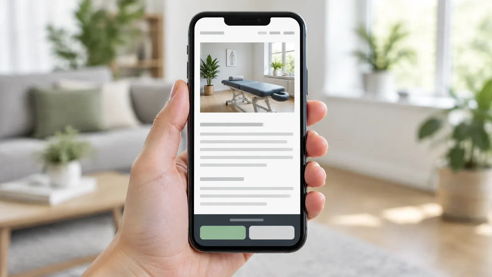 Hand hält ein Smartphone mit der Website einer Physiotherapie-Praxis, unten eine schmale dunkle Einwilligungsleiste mit zwei gleich großen Knöpfen, der Inhalt darüber bleibt sichtbar