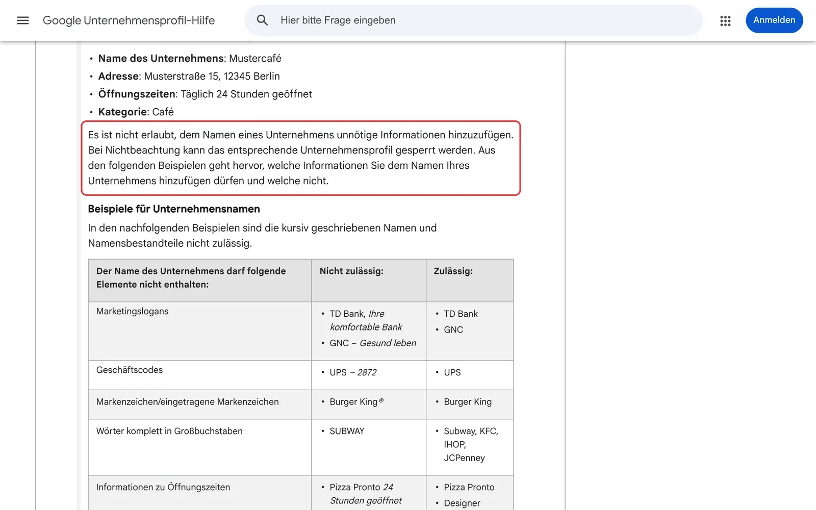 Google-Richtlinien für Unternehmensprofile: der Absatz, dass dem Namen keine unnötigen Informationen hinzugefügt werden dürfen und das Profil sonst gesperrt werden kann, ist rot umrahmt