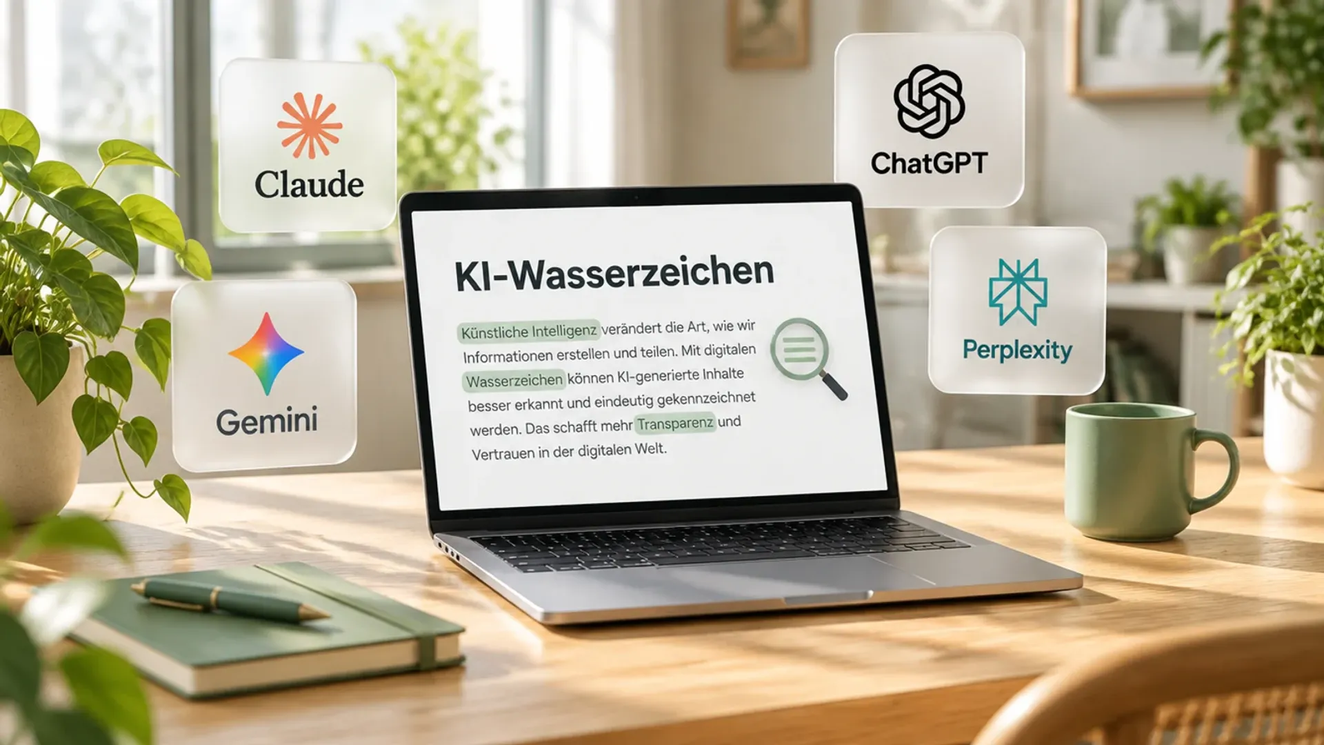 Laptop mit der Überschrift KI-Wasserzeichen, darum schwebende Glaskacheln mit den Logos von Claude, ChatGPT, Gemini und Perplexity