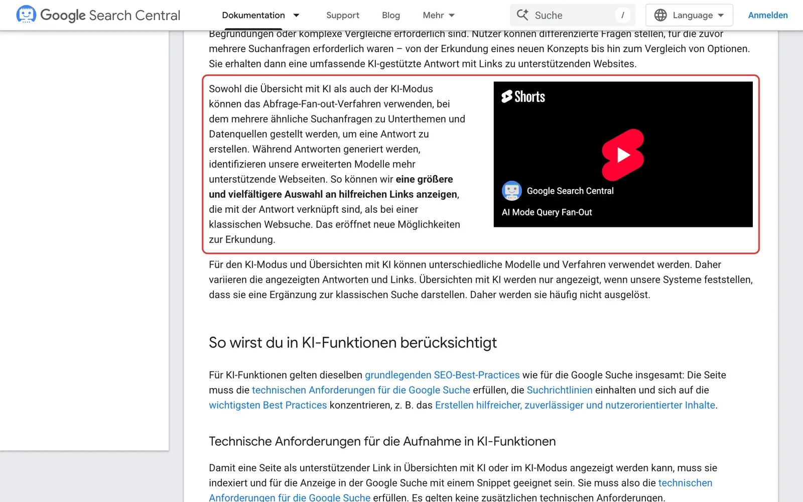 Google Search Central, KI-Funktionen und deine Website: der Absatz, dass Übersicht mit KI und KI-Modus das Abfrage-Fan-out-Verfahren verwenden und mehrere ähnliche Suchanfragen zu Unterthemen stellen, ist rot umrahmt