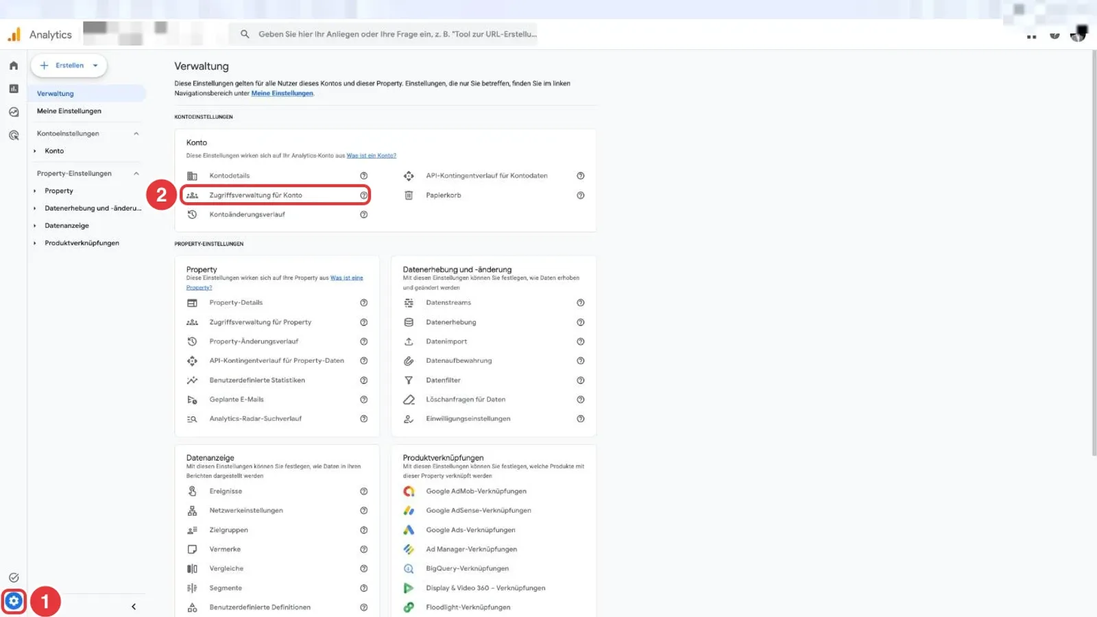 Google Analytics Verwaltung mit markiertem Zahnrad und dem Punkt Zugriffsverwaltung für Konto