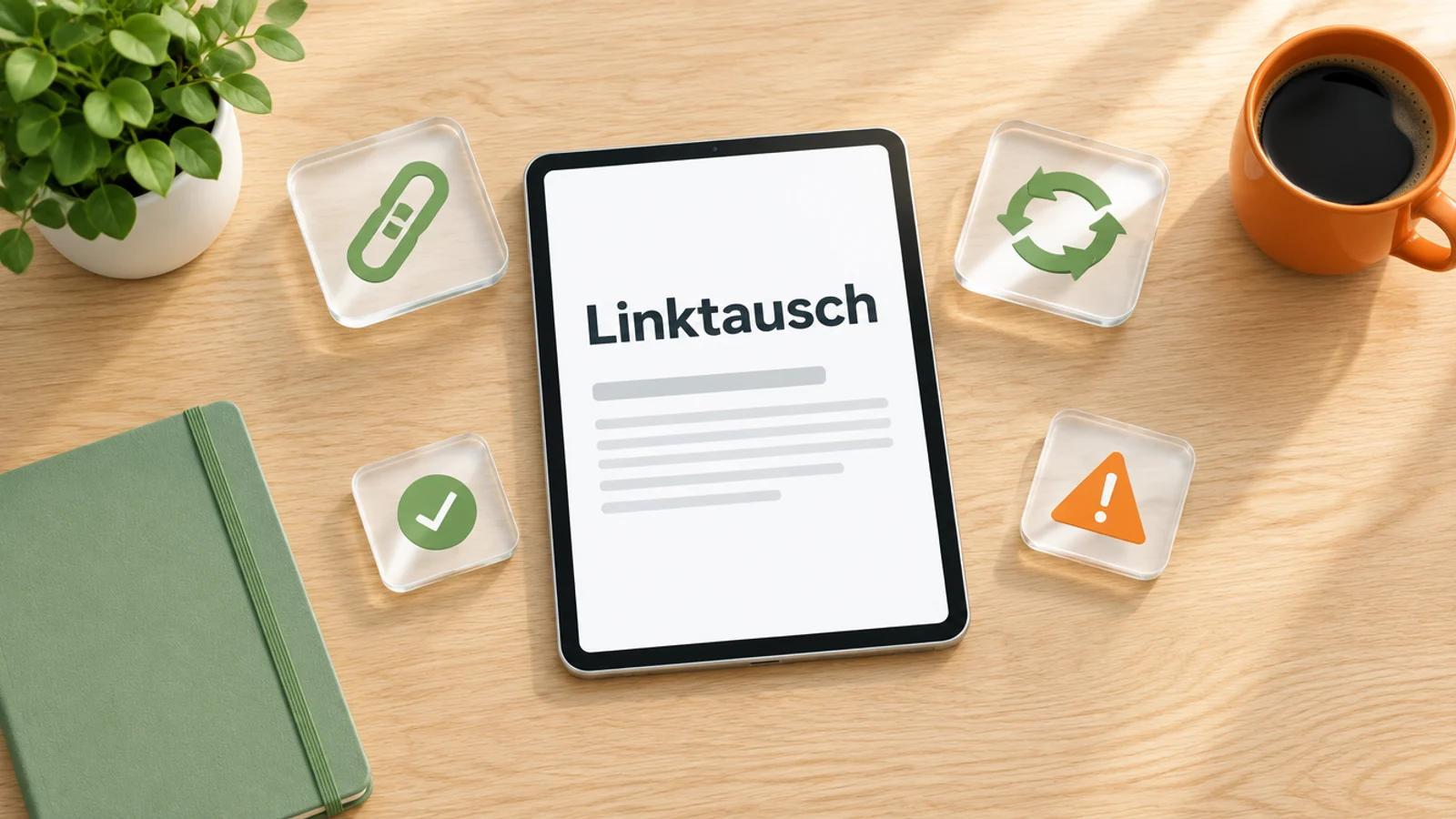 Tablet auf einem hellen Holztisch mit dem Wort Linktausch, daneben Glaskarten mit Kettenglied, Tauschpfeilen, Haken und Warndreieck