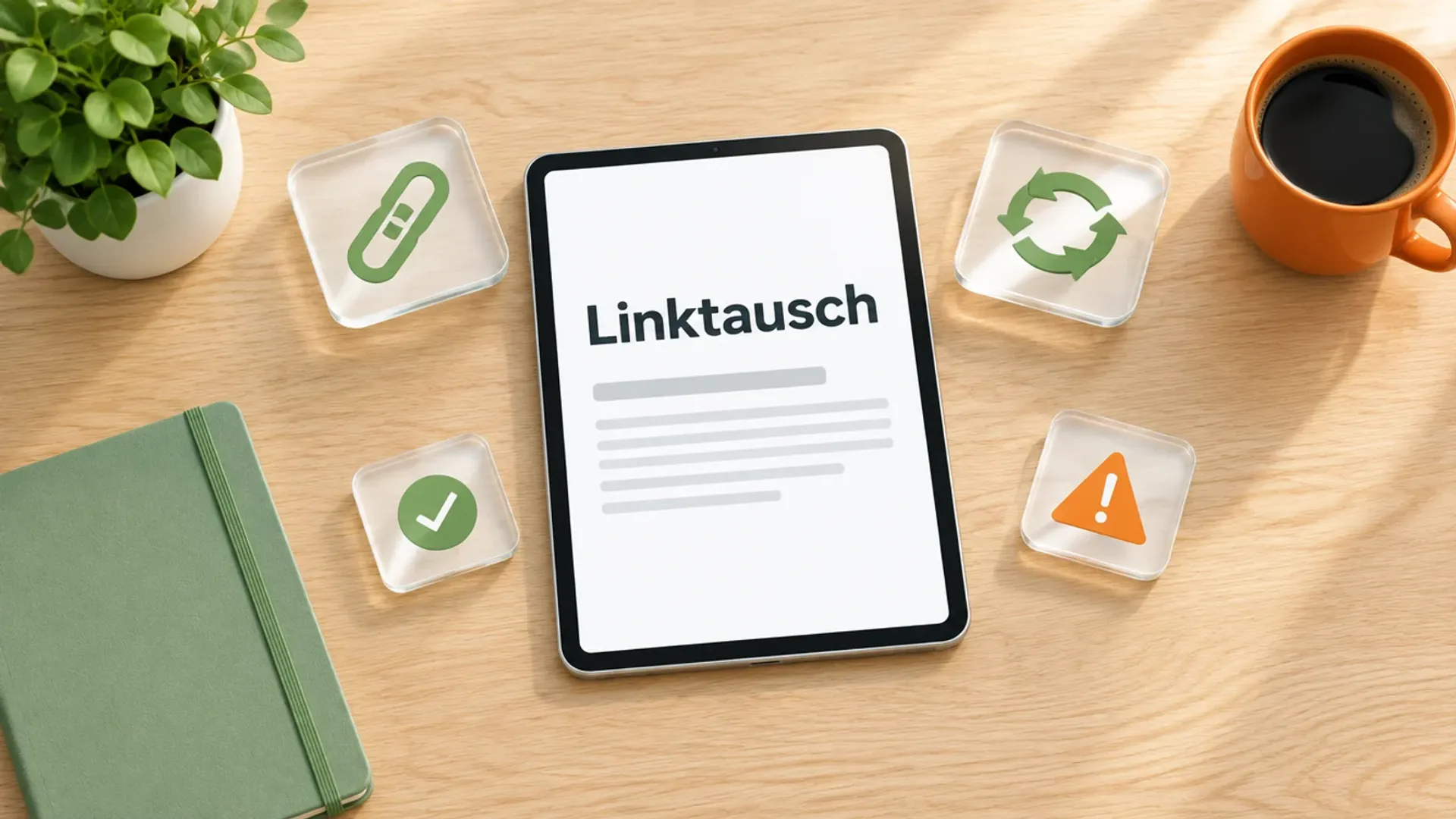 Tablet auf einem hellen Holztisch mit dem Wort Linktausch, daneben Glaskarten mit Kettenglied, Tauschpfeilen, Haken und Warndreieck
