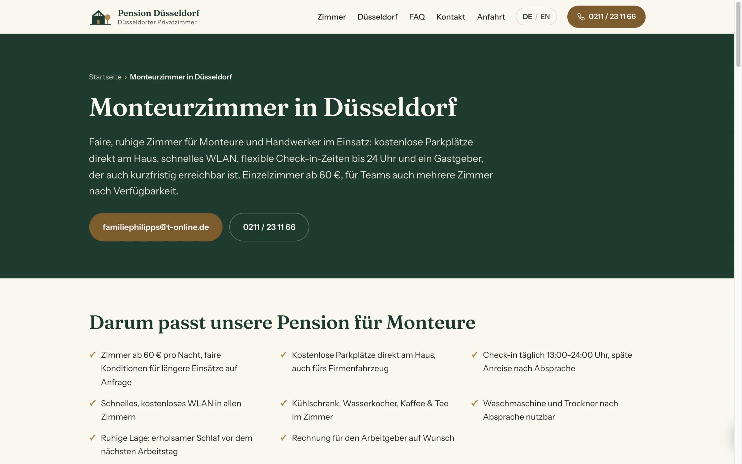 Landingpage für Monteurzimmer in Düsseldorf