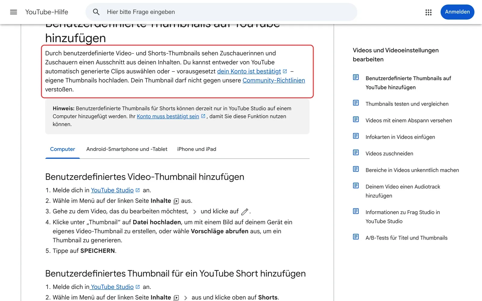 YouTube-Hilfe Benutzerdefinierte Thumbnails: der Absatz, dass man eigene Thumbnails hochladen kann, sofern das Konto bestätigt ist, ist rot umrahmt