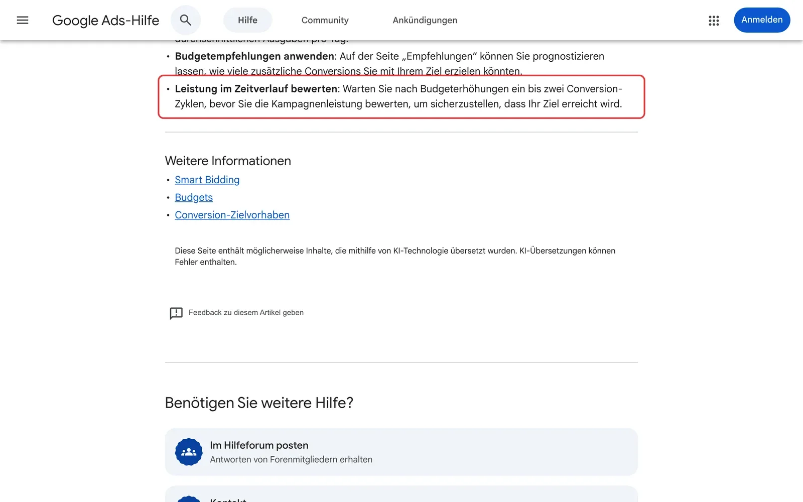 Google Ads-Hilfe mit dem rot umrahmten Hinweis, nach Budgeterhöhungen ein bis zwei Conversion-Zyklen zu warten