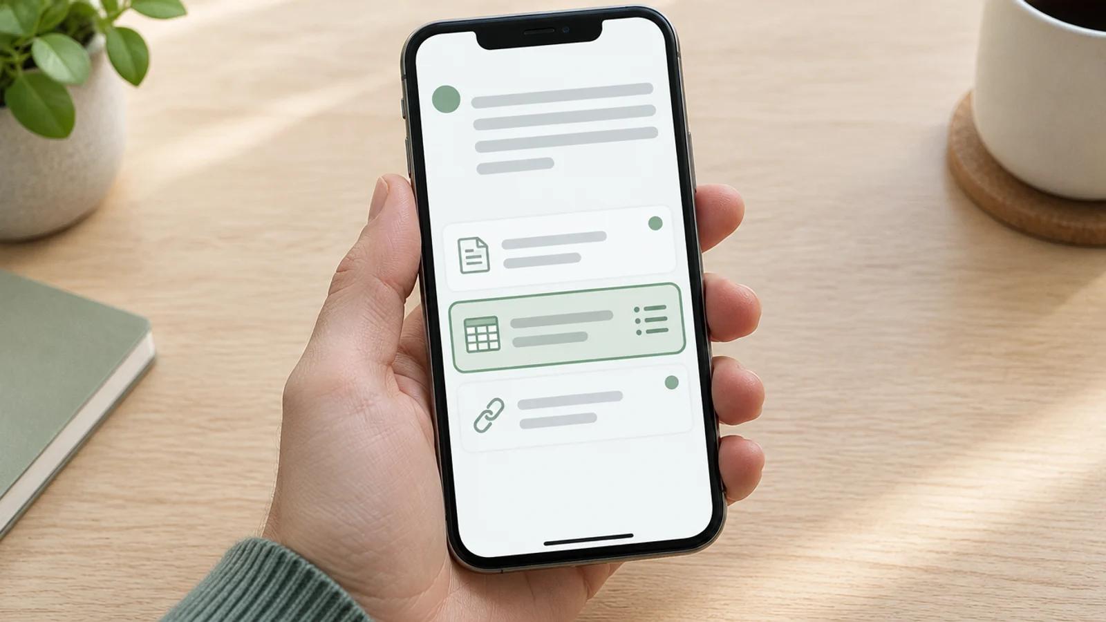 Hand hält ein Smartphone mit einer KI-Antwort, darunter drei Quellen-Karten, die mittlere mit Tabellen- und Listen-Symbol ist grün hervorgehoben