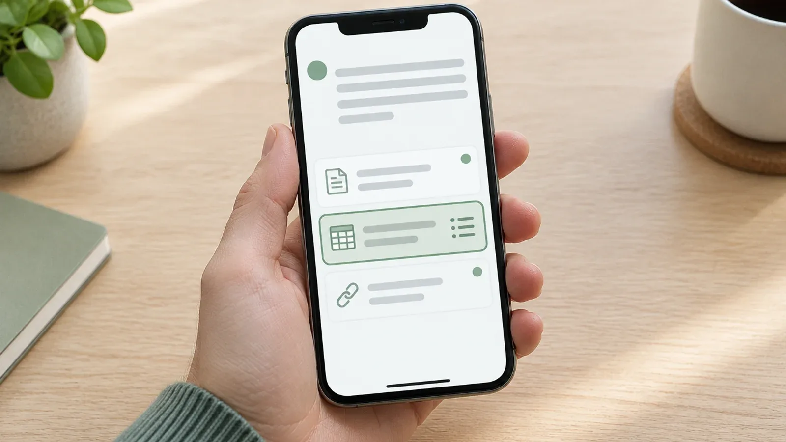 Hand hält ein Smartphone mit einer KI-Antwort, darunter drei Quellen-Karten, die mittlere mit Tabellen- und Listen-Symbol ist grün hervorgehoben