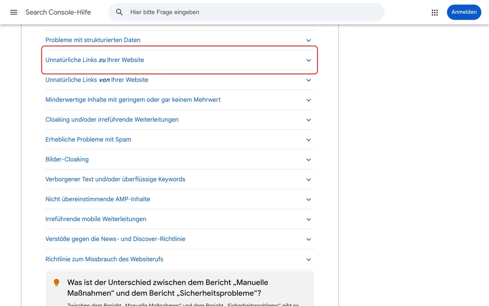 Search-Console-Hilfe mit der Liste der manuellen Maßnahmen, der Punkt unnatürliche Links zu Ihrer Website ist markiert