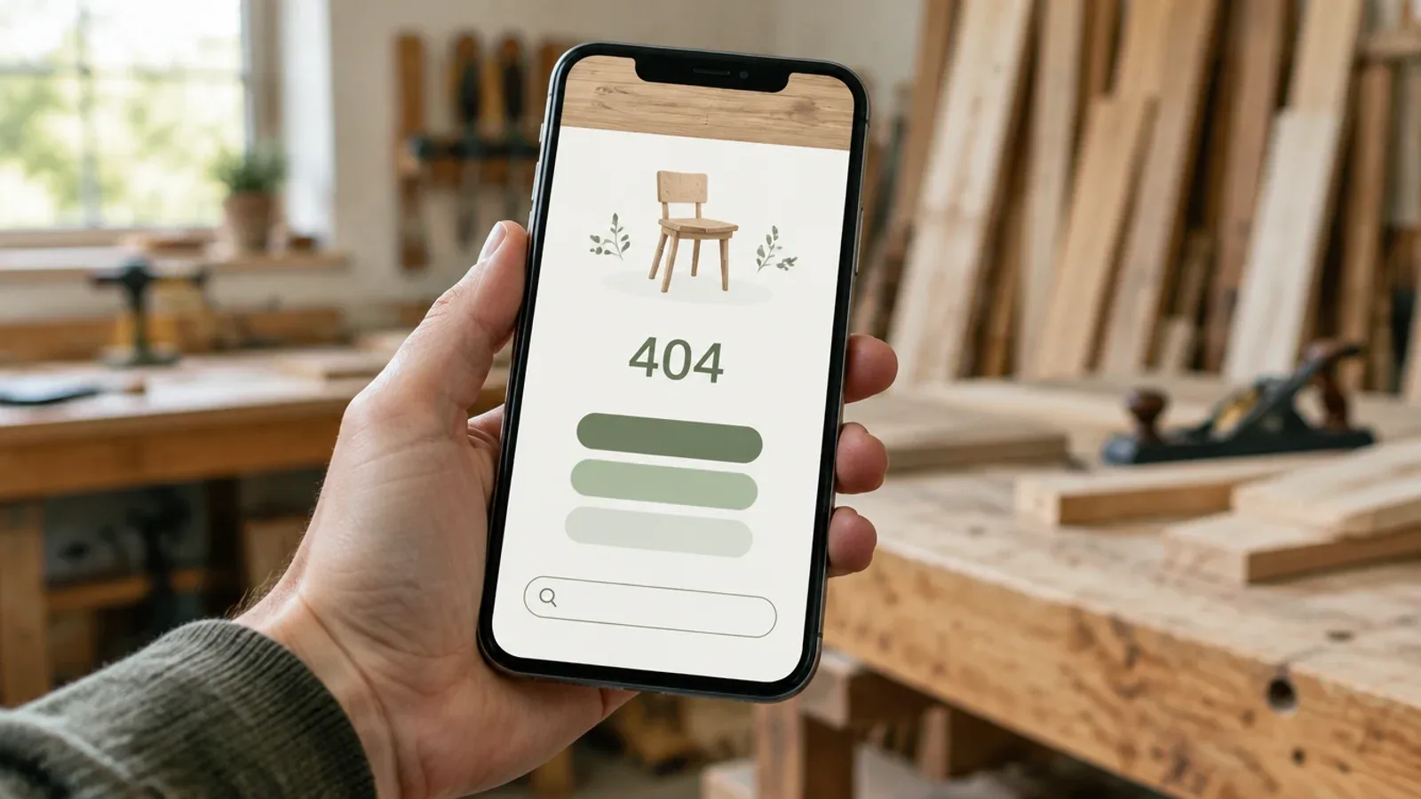Hand hält ein Smartphone in einer Tischlerei-Werkstatt, auf dem Bildschirm eine helle Fehlerseite mit einem Holzstuhl, der Zahl 404, drei grünen Knöpfen und einem Suchfeld