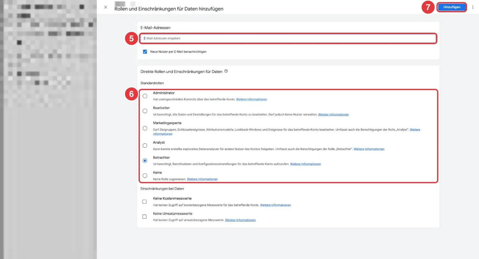 Fenster Rollen und Einschränkungen für Daten hinzufügen auf Konto-Ebene mit E-Mail-Feld, Standardrollen und Button Hinzufügen
