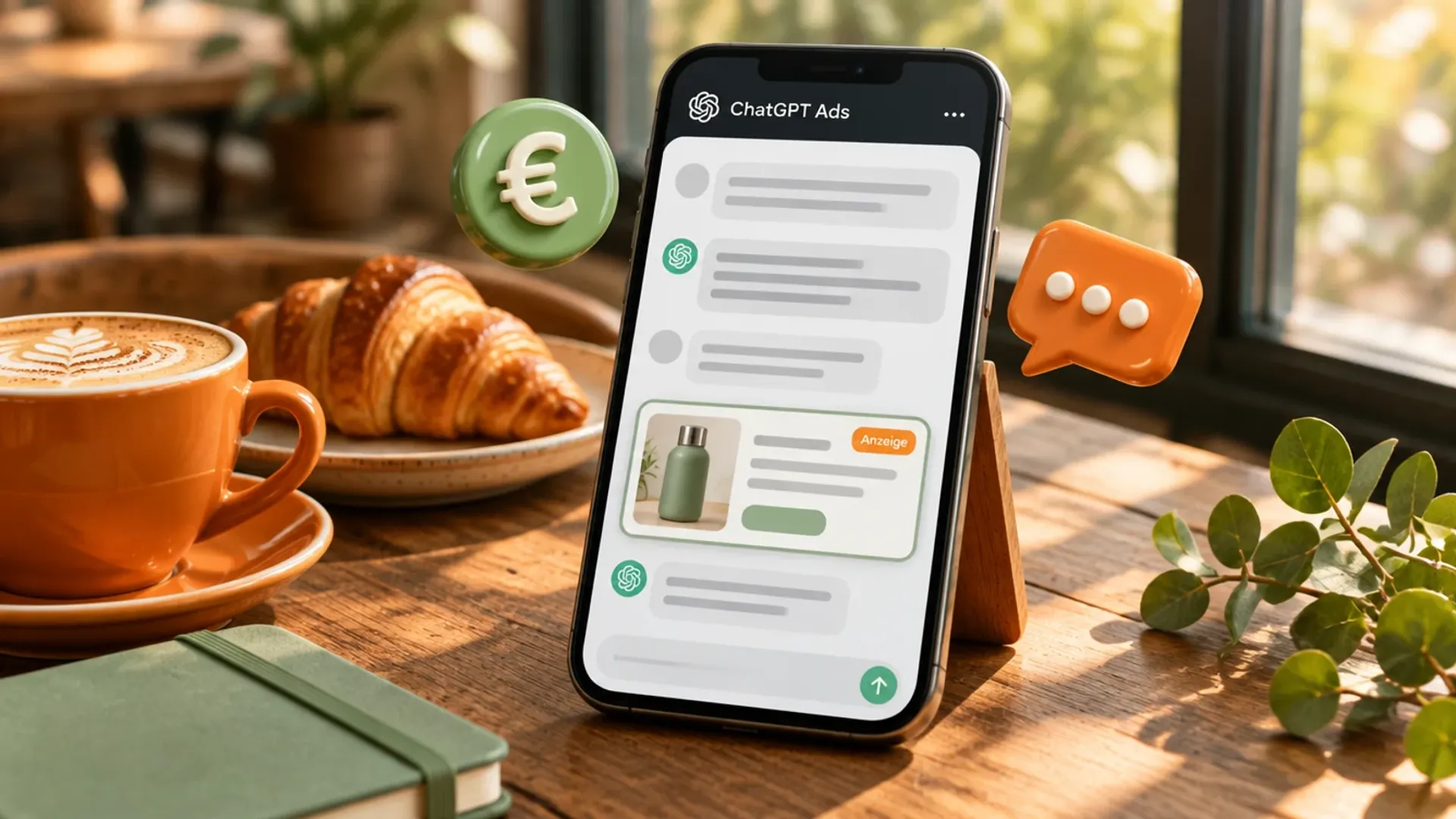 Smartphone mit Chat und markierter Anzeige auf einem Cafétisch neben Cappuccino und Croissant