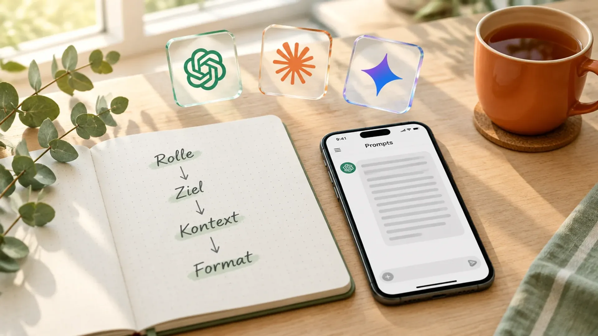 Notizbuch mit Rolle, Ziel, Kontext und Format, daneben ein Handy mit Chat und die Logos von ChatGPT, Claude und Gemini