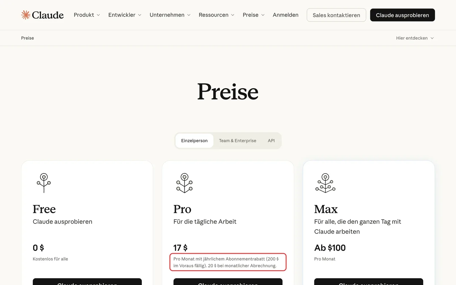 Claude-Preisseite, Reiter Einzelperson: die Karten Free, Pro und Max, beim Pro-Tarif ist der Satz zu 17 Dollar mit jährlichem Rabatt und 20 Dollar bei monatlicher Abrechnung rot umrahmt