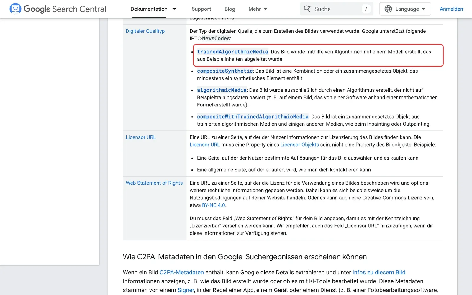 Google-Dokumentation zu Bild-Metadaten mit markiertem IPTC-Wert trainedAlgorithmicMedia für KI-generierte Bilder
