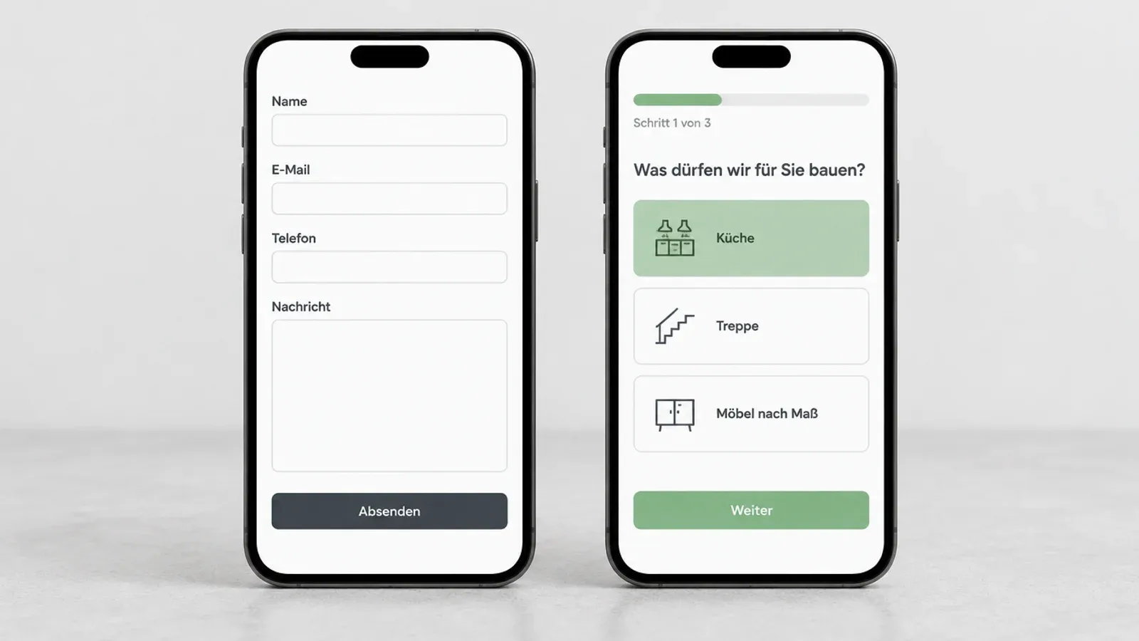 Zwei Smartphones nebeneinander, links ein Kontaktformular mit Name, E-Mail, Telefon und Nachricht, rechts der erste Schritt eines Funnels mit Antwortkacheln