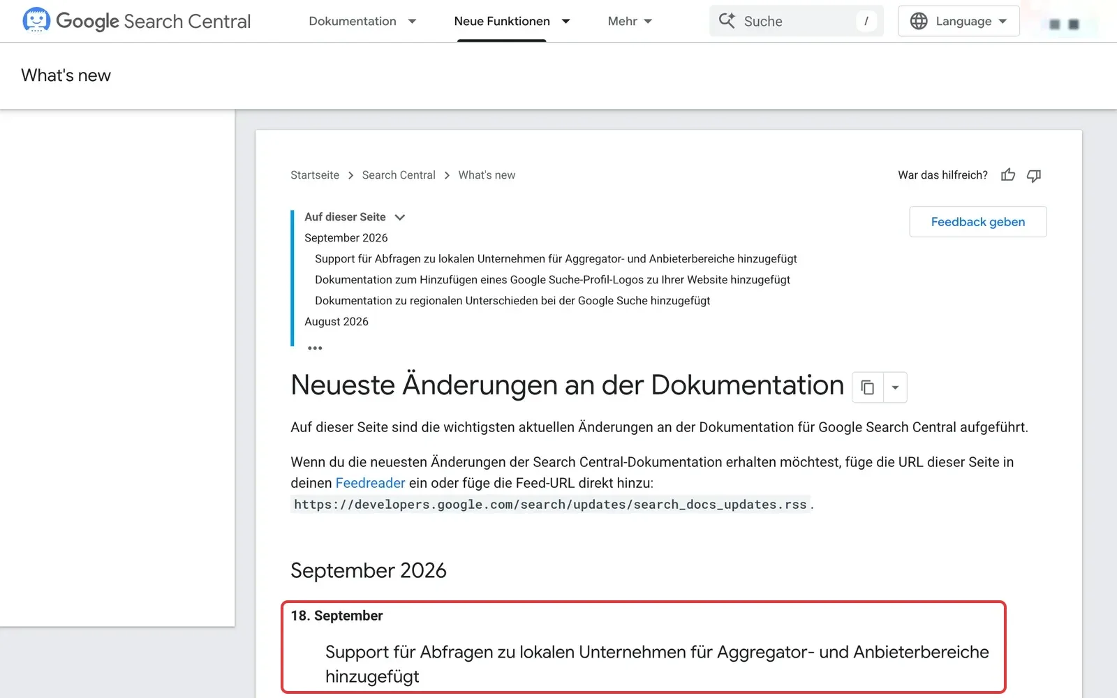 Änderungsprotokoll der Google Search Central mit dem Eintrag vom 18. September 2026