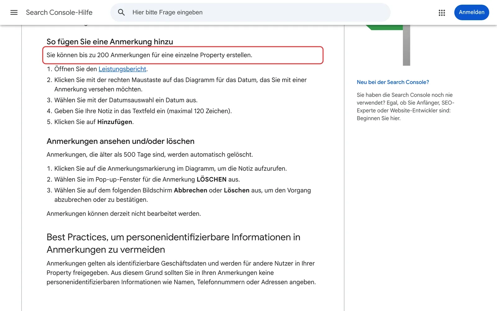 Search Console-Hilfe mit der markierten Angabe, dass bis zu 200 Anmerkungen je Property möglich sind, darunter die Schritte zum Hinzufügen