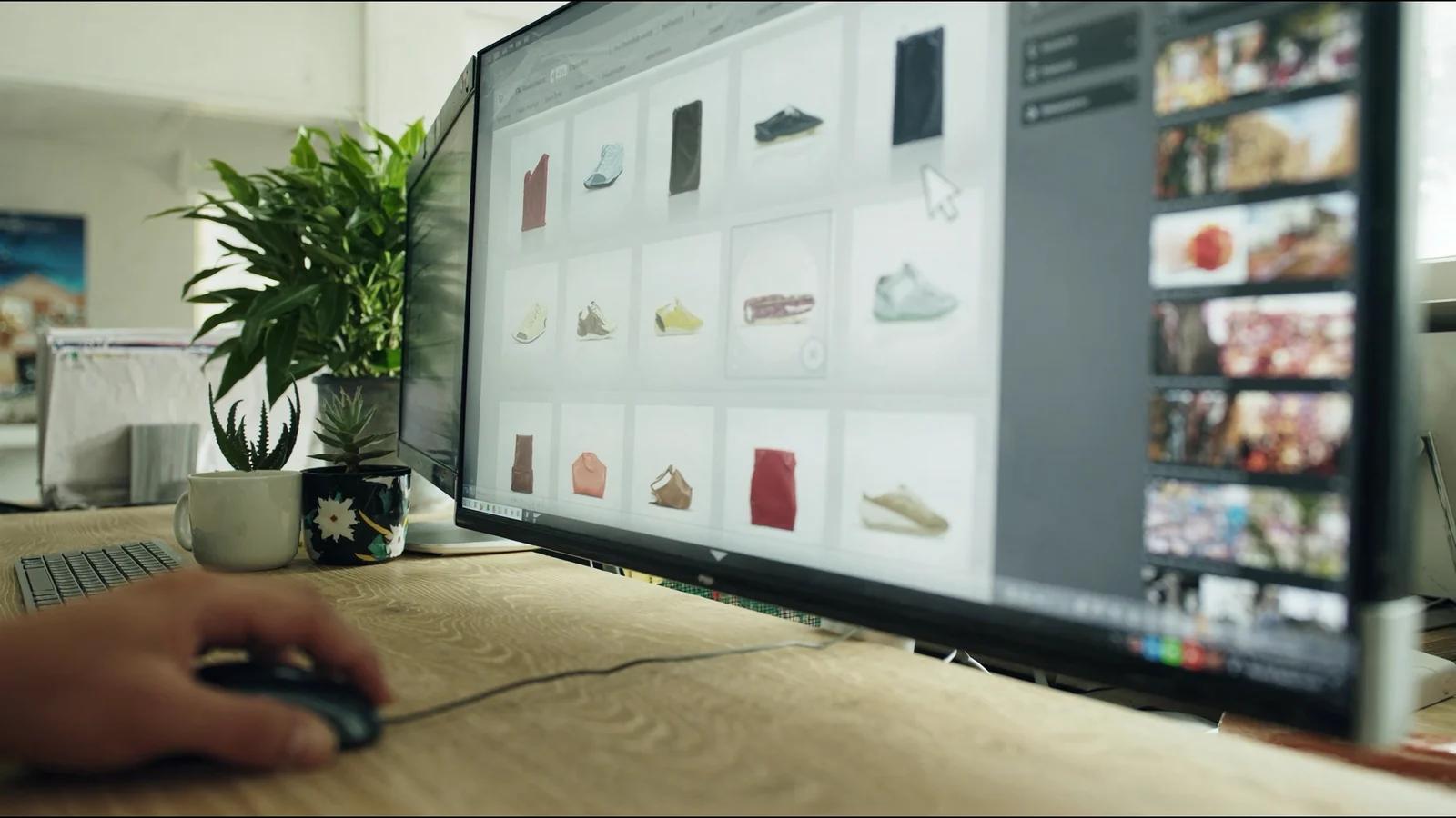 Hand an der Maus, am Monitor wird aus einem Raster von Produktfotos ausgewählt