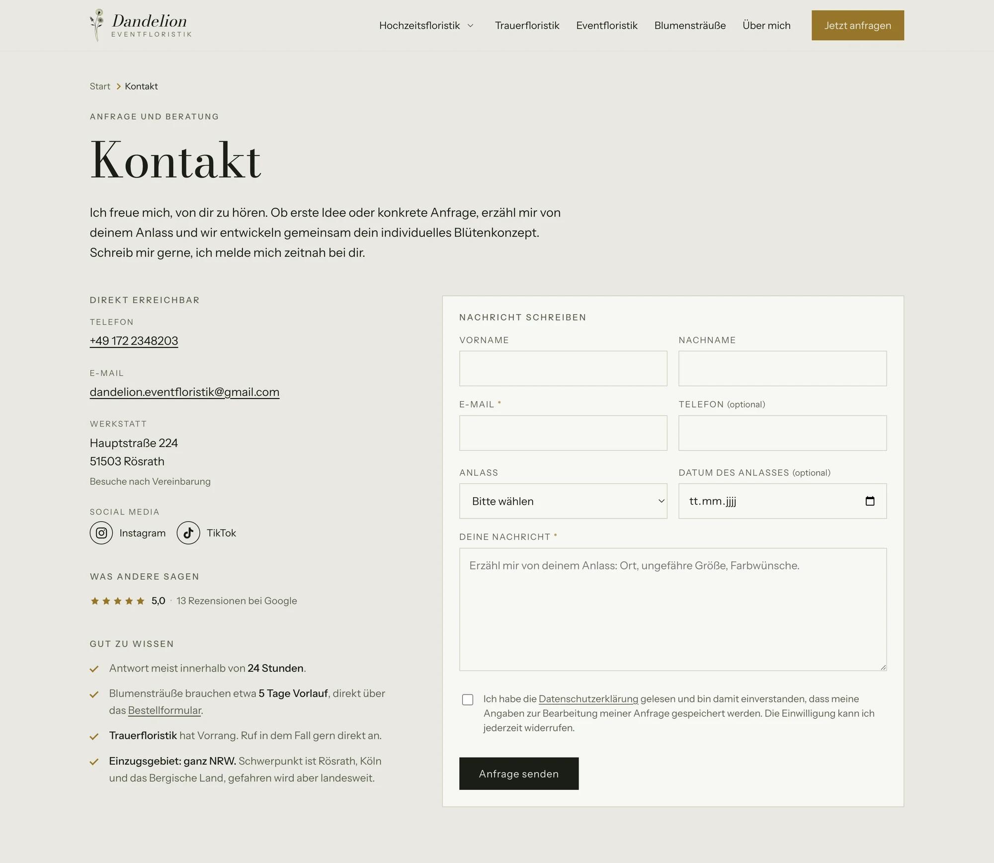 Kontaktseite mit Anfrageformular und Erreichbarkeit