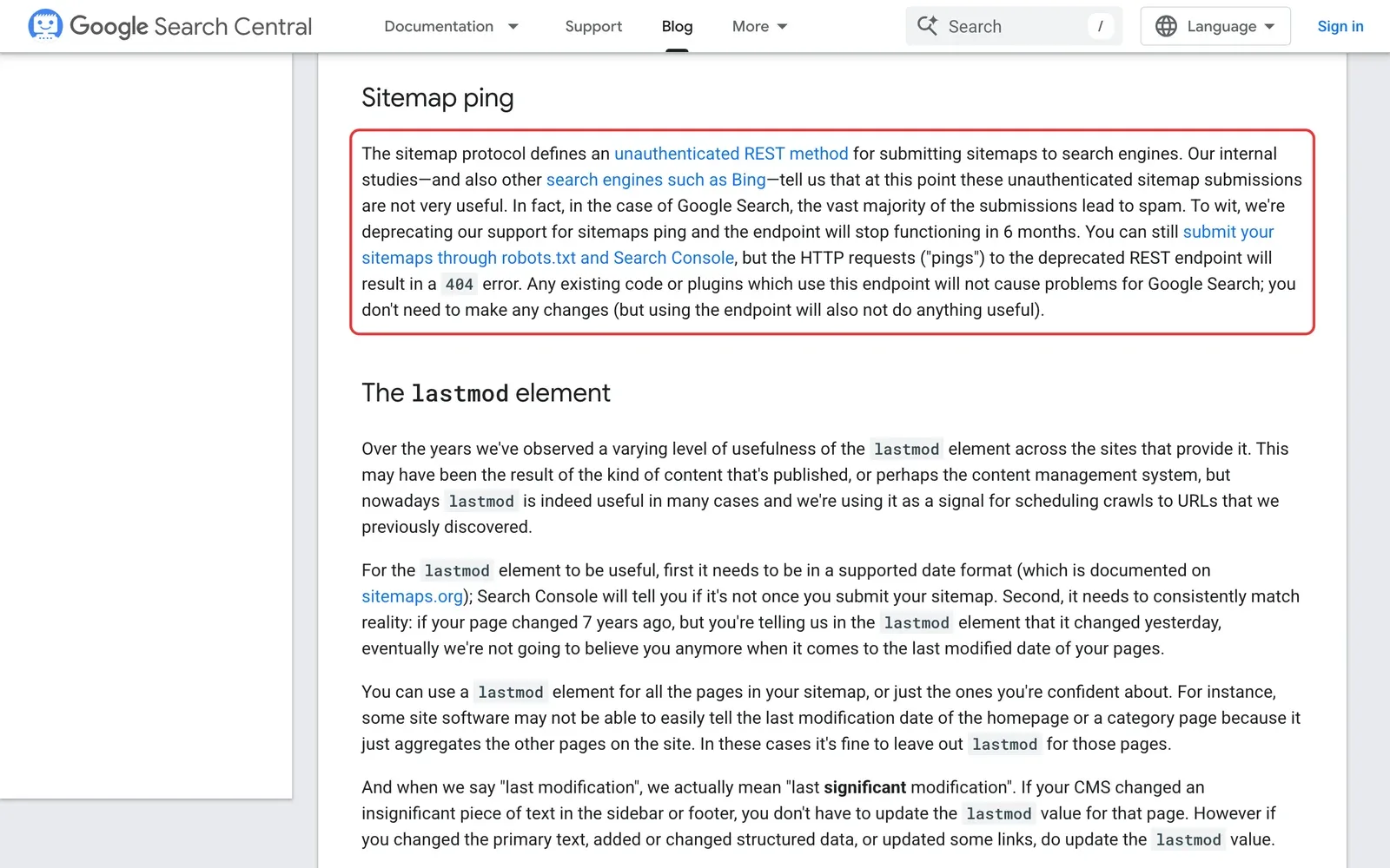 Google Search Central Blog von 2023, rot markiert ist der Absatz zur Abschaltung des Sitemap-Pings