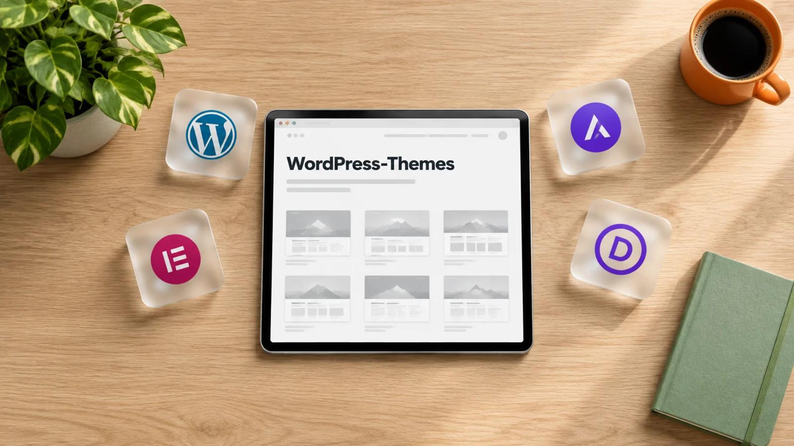 Tablet auf einem Holztisch zeigt eine Theme-Übersicht, daneben Glaskacheln mit den Logos von WordPress, Elementor, Astra und Divi