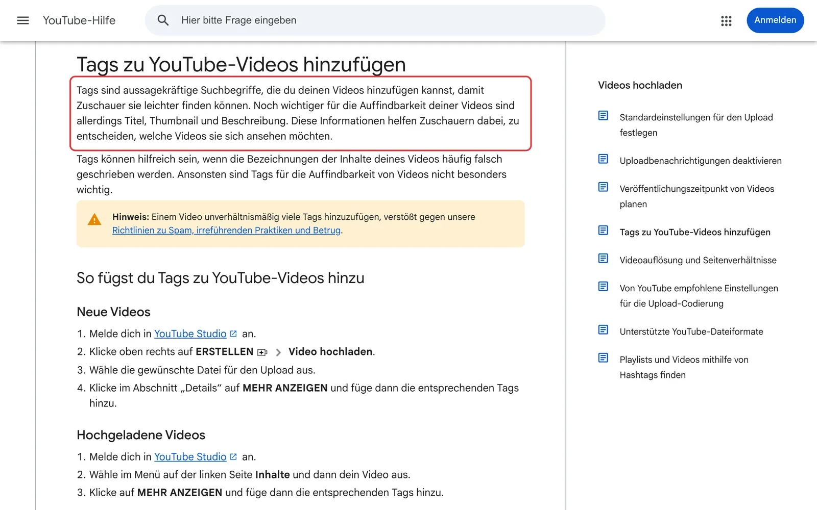 YouTube-Hilfe Tags zu YouTube-Videos hinzufügen: der Absatz, dass Titel, Thumbnail und Beschreibung für die Auffindbarkeit wichtiger sind als Tags, ist rot umrahmt