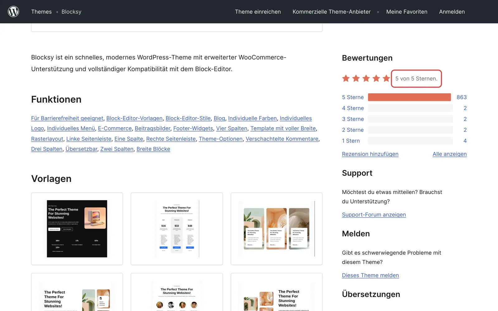 Bewertungsbereich von Blocksy auf WordPress.org mit markierter Durchschnittsbewertung von 5 von 5 Sternen