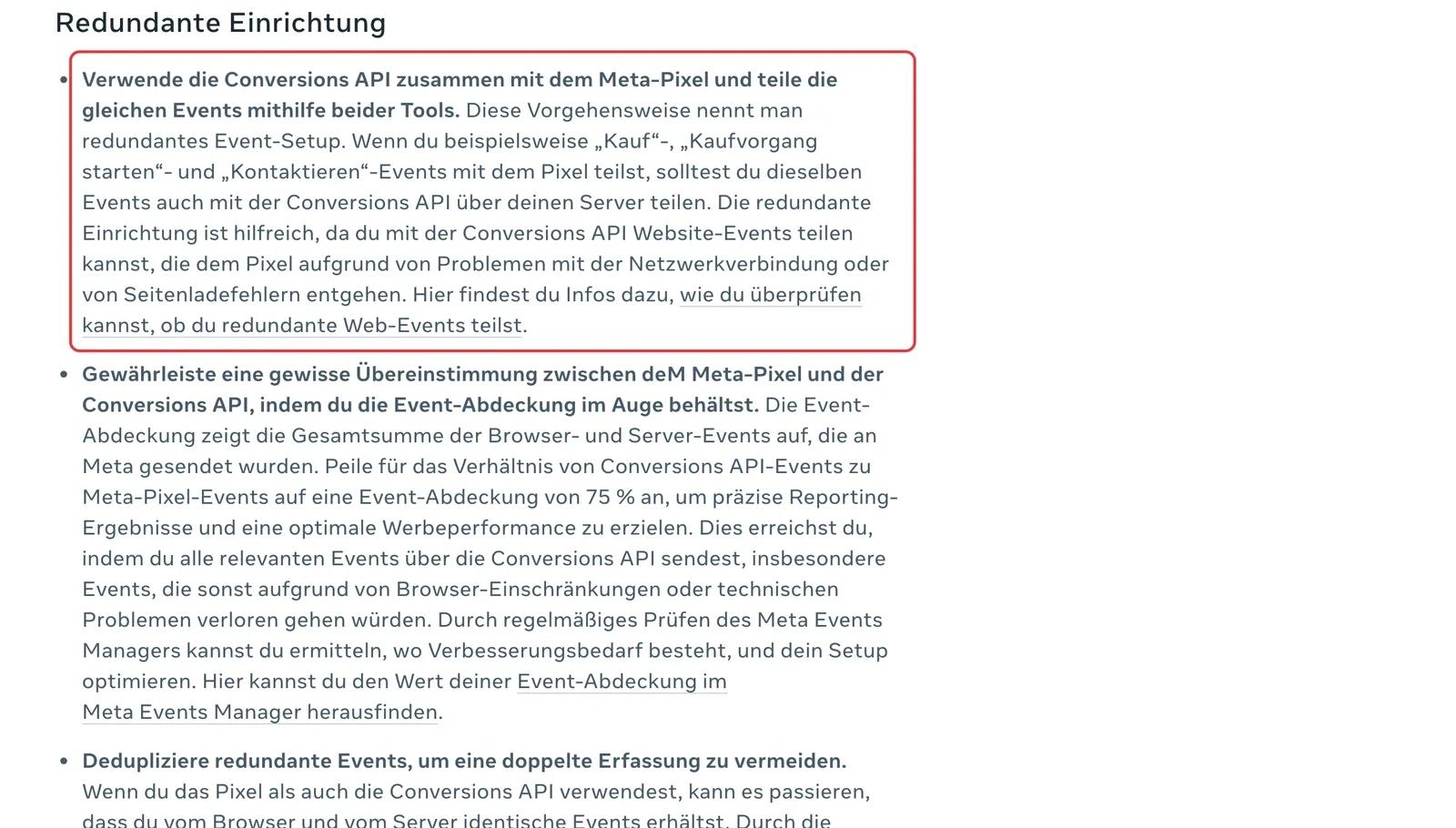 Meta-Hilfe zur redundanten Einrichtung: Conversions API zusammen mit dem Meta-Pixel verwenden und die gleichen Events über beide Tools teilen