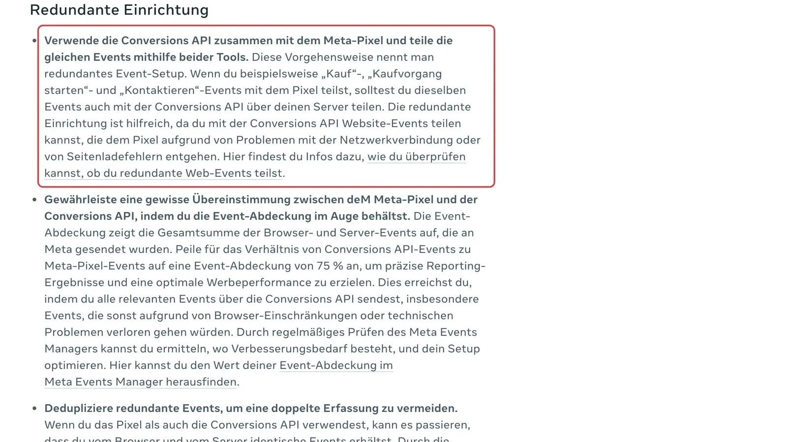 Meta-Hilfe zur redundanten Einrichtung: Conversions API zusammen mit dem Meta-Pixel verwenden und die gleichen Events über beide Tools teilen