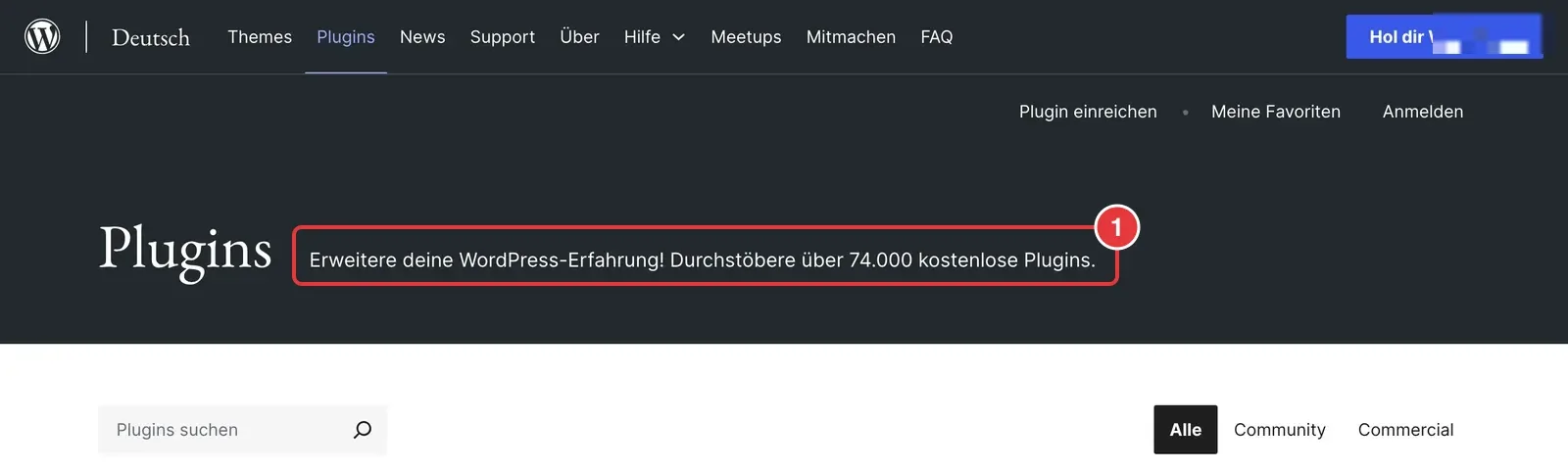 Plugin-Verzeichnis von WordPress.org mit markiertem Hinweis auf über 74.000 kostenlose Plugins