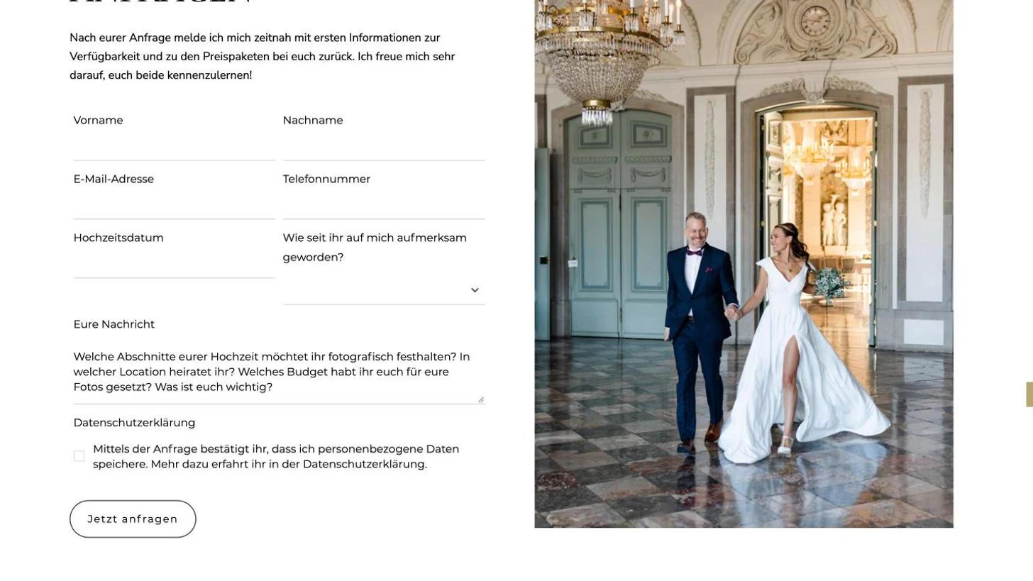 Anfrageformular für Hochzeitspaare mit Feldern für Datum, Location und Wünsche