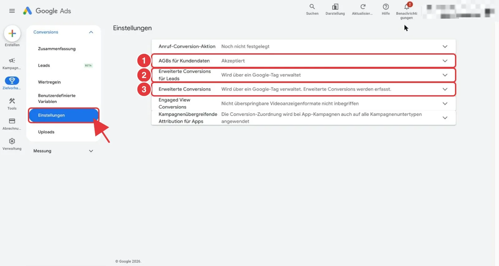 Google Ads Conversion-Einstellungen: Menüpunkt Einstellungen sowie die Zeilen AGBs für Kundendaten, Erweiterte Conversions für Leads und Erweiterte Conversions sind rot markiert
