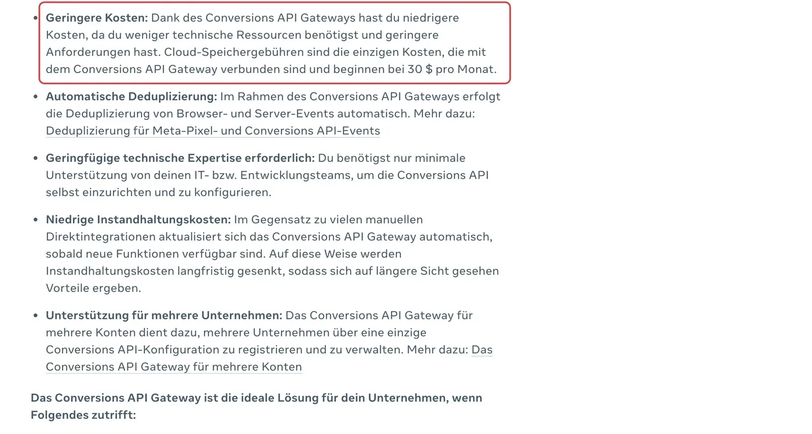 Meta-Hilfe zum Conversions API Gateway: Cloud-Speichergebühren sind die einzigen Kosten und beginnen bei 30 Dollar pro Monat