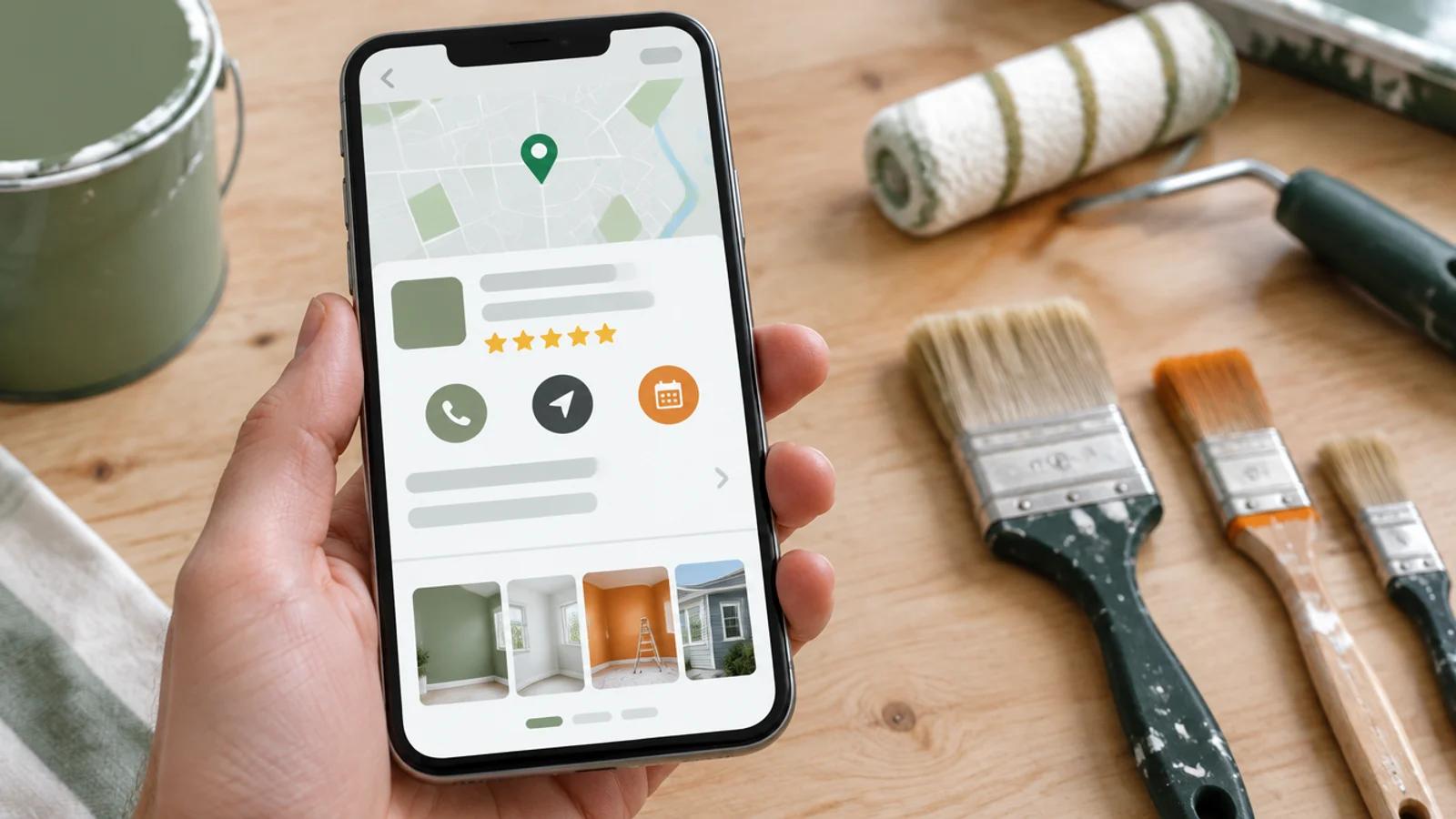Hand hält ein Smartphone über einer Werkbank mit Pinseln und Farbrolle, auf dem Display ein Kartenausschnitt mit grüner Markierung, fünf Sterne, Knöpfe für Anruf, Route und Termin sowie Fotos frisch gestrichener Räume