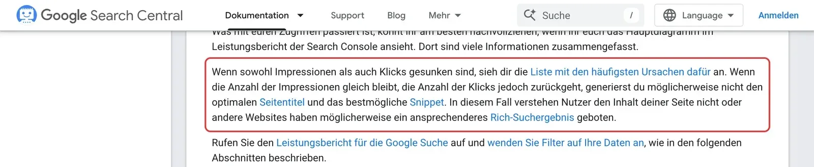 Google Search Central, Leitfaden zu Rückgängen der Zugriffe: der Absatz zu gleichbleibenden Impressionen bei sinkenden Klicks ist rot umrahmt