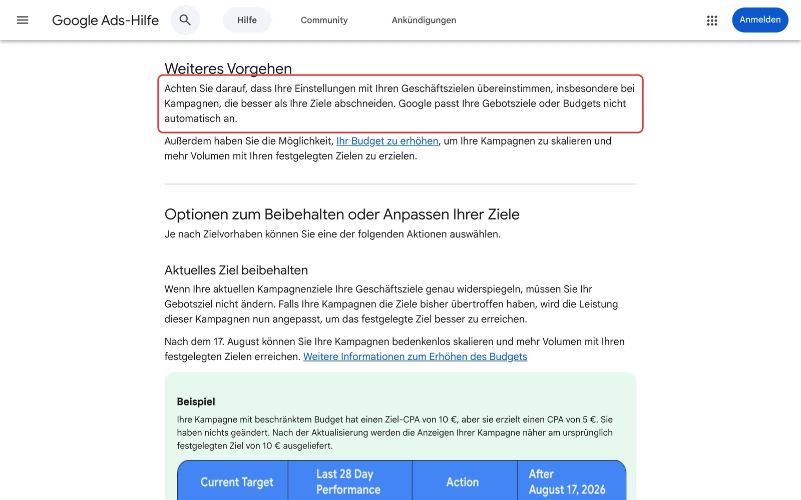 Google Ads-Hilfe zu Änderungen an zielbasierten Gebotsstrategien, der Hinweis, dass Google Gebotsziele und Budgets nicht automatisch anpasst, ist rot umrahmt