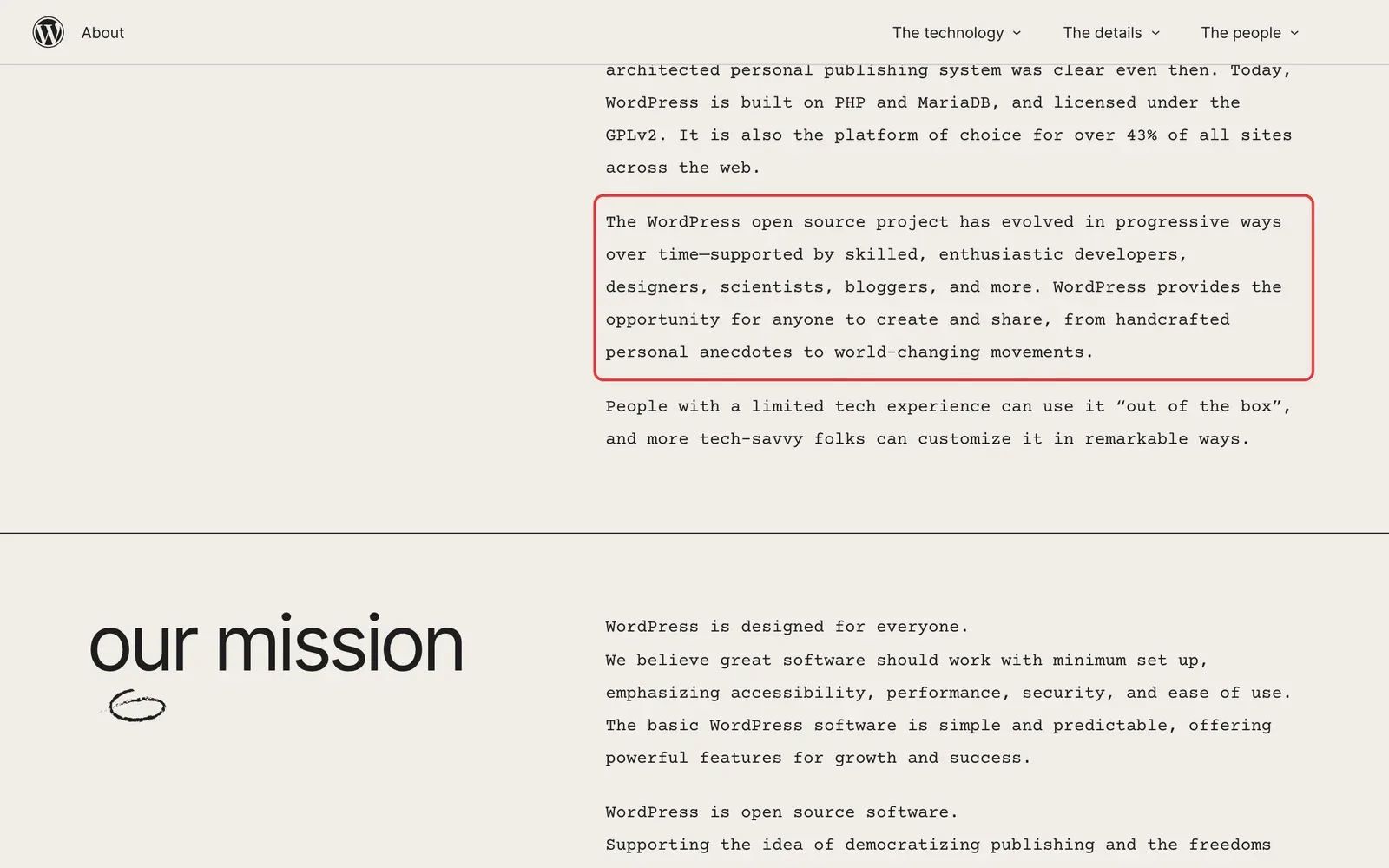 WordPress.org-Seite Über uns mit markiertem Absatz zum offenen Open-Source-Projekt