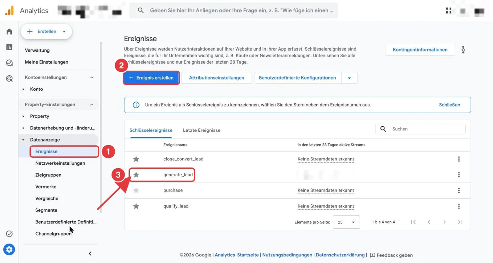Google Analytics 4 Verwaltung, Seite Ereignisse: Menüpunkt Ereignisse, Schaltfläche Ereignis erstellen und der Stern beim Ereignis generate_lead sind rot markiert