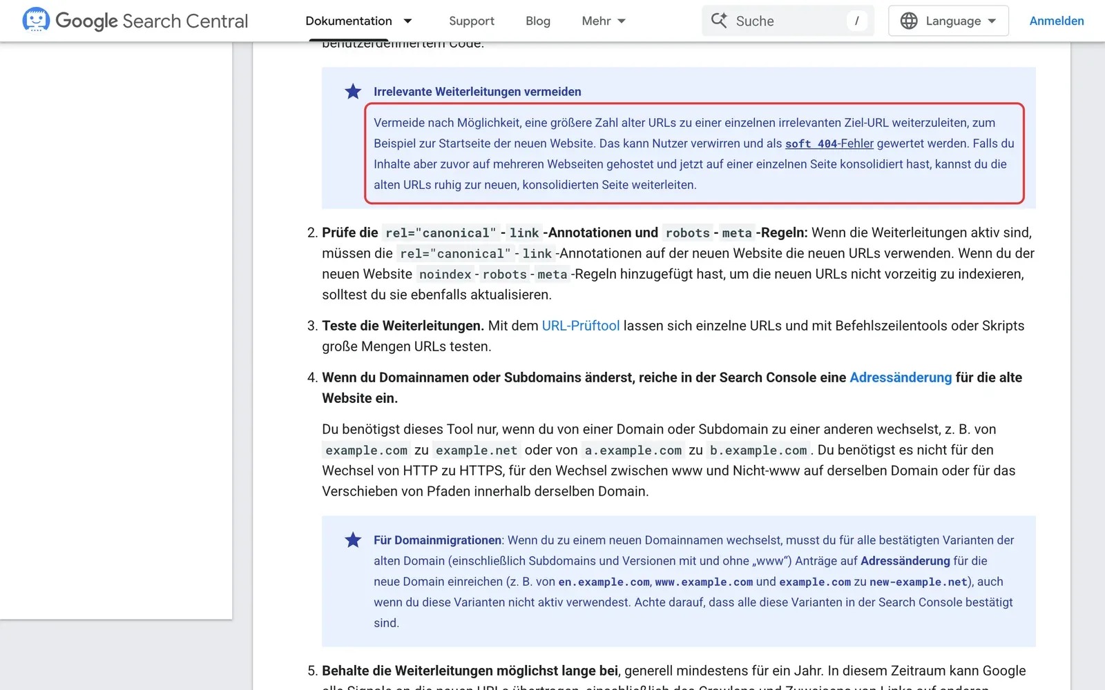 Google Search Central: Hinweis „Irrelevante Weiterleitungen vermeiden“ und Empfehlung, Weiterleitungen mindestens ein Jahr beizubehalten