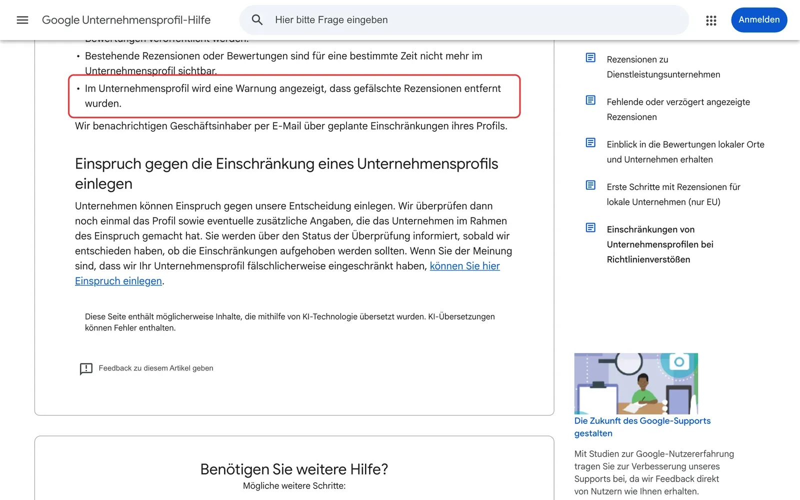 Google-Hilfe zu Einschränkungen von Unternehmensprofilen: der Punkt, dass im Profil eine Warnung über entfernte gefälschte Rezensionen erscheint, ist rot umrahmt