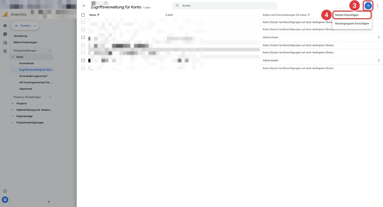 Zugriffsverwaltung für Konto in Google Analytics mit markiertem Plus und dem Menüpunkt Nutzer hinzufügen