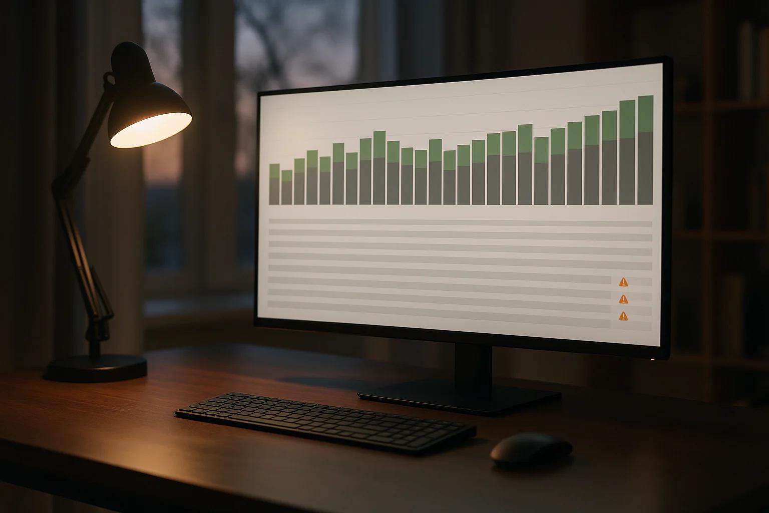 Monitor am Abend zeigt einen Indexierungsbericht mit Balken und einzelnen Seiten mit Warnhinweis