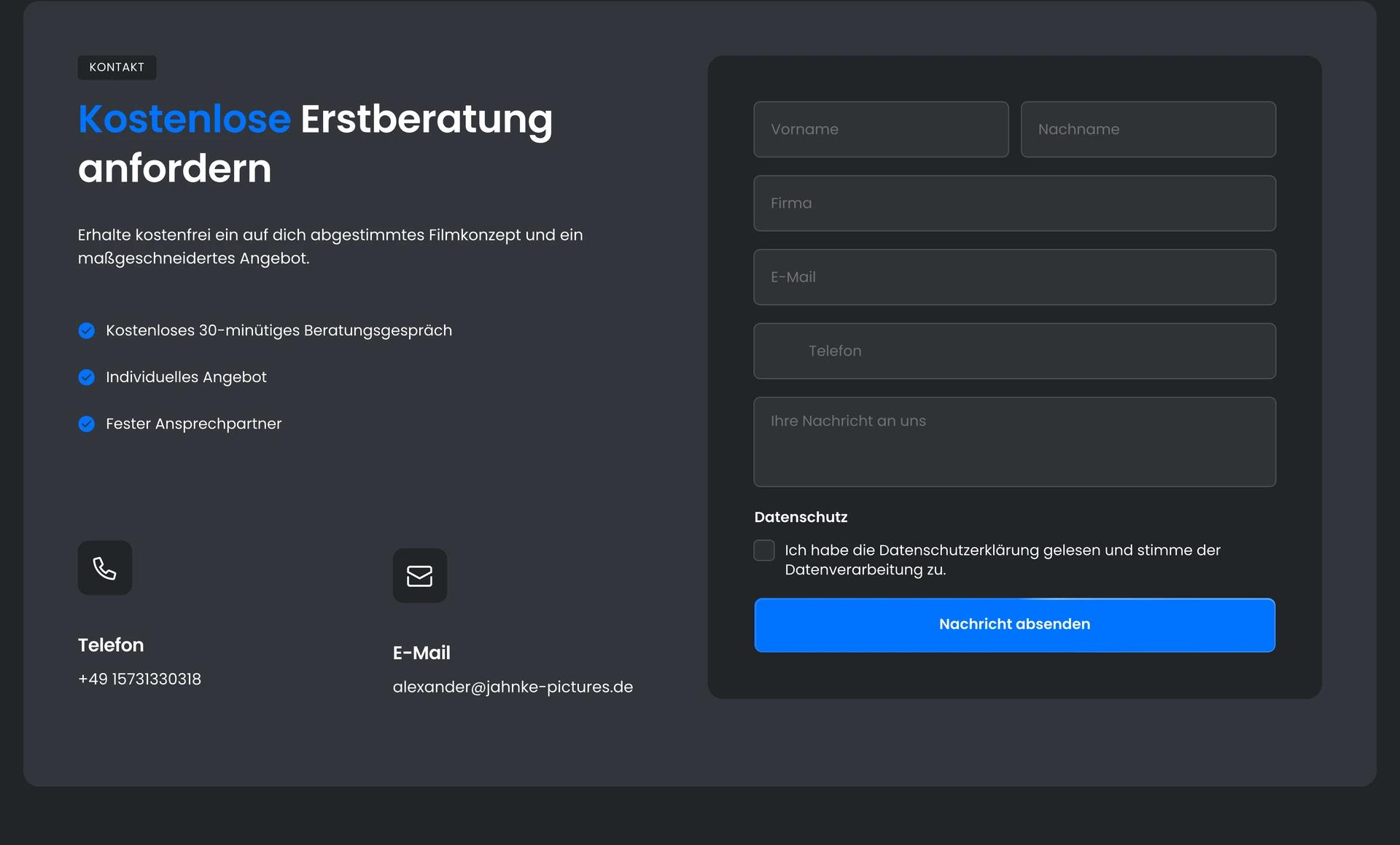 Kontaktbereich der Jahnke-Pictures-Website – kostenlose Erstberatung anfordern