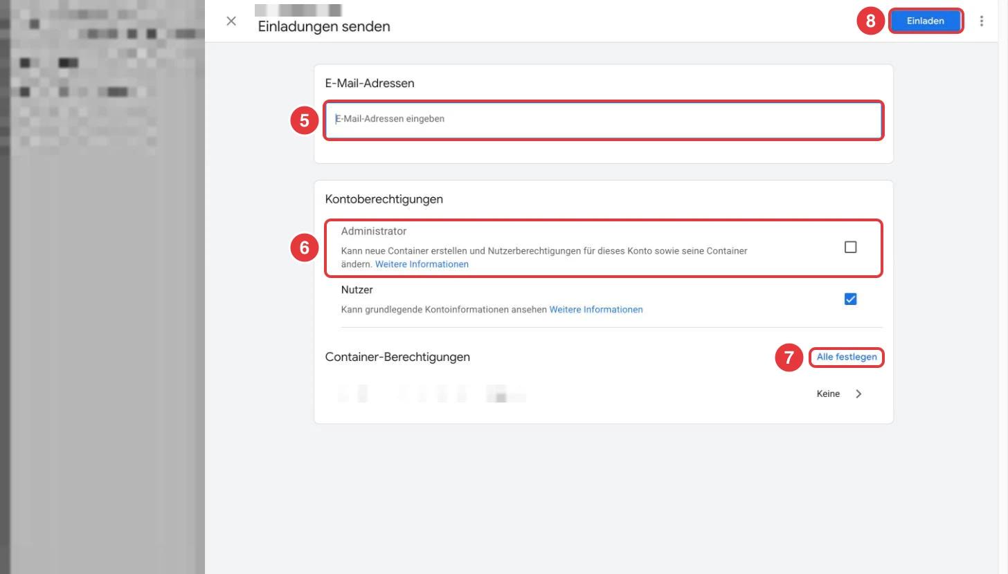 Fenster Einladungen senden im Google Tag Manager mit E-Mail-Feld, markierter Kontoberechtigung Administrator, Link Alle festlegen und Button Einladen