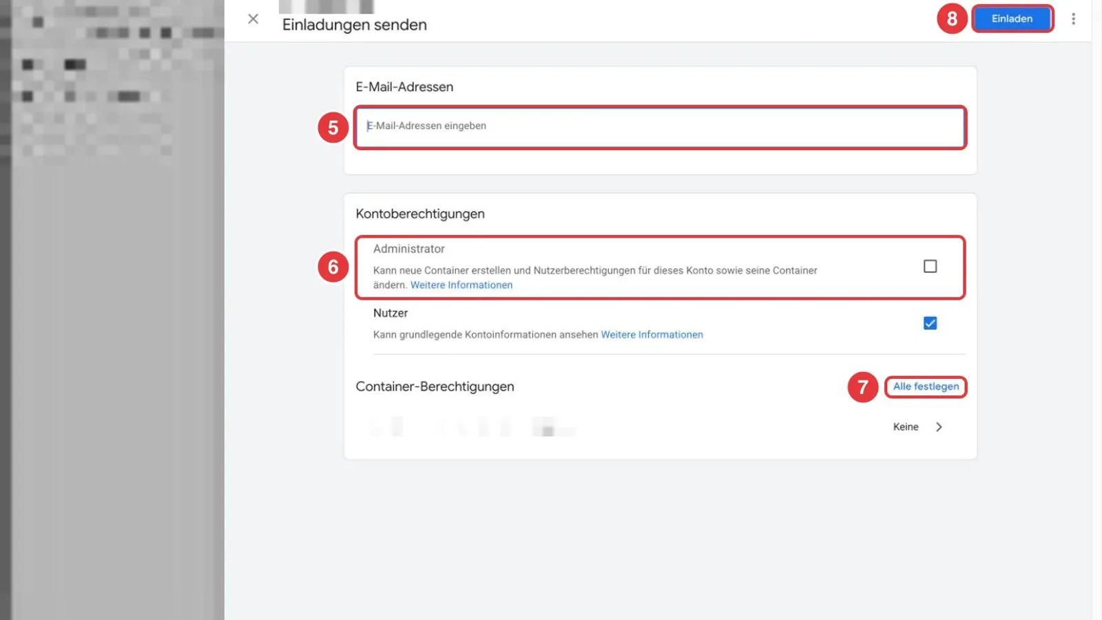 Fenster Einladungen senden im Google Tag Manager mit E-Mail-Feld, markierter Kontoberechtigung Administrator, Link Alle festlegen und Button Einladen