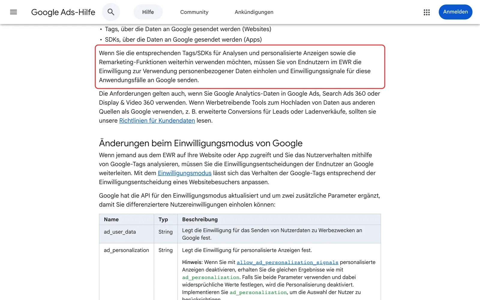 Google Ads-Hilfe zum Einwilligungsmodus im EWR mit rot markiertem Absatz zu Einwilligungssignalen